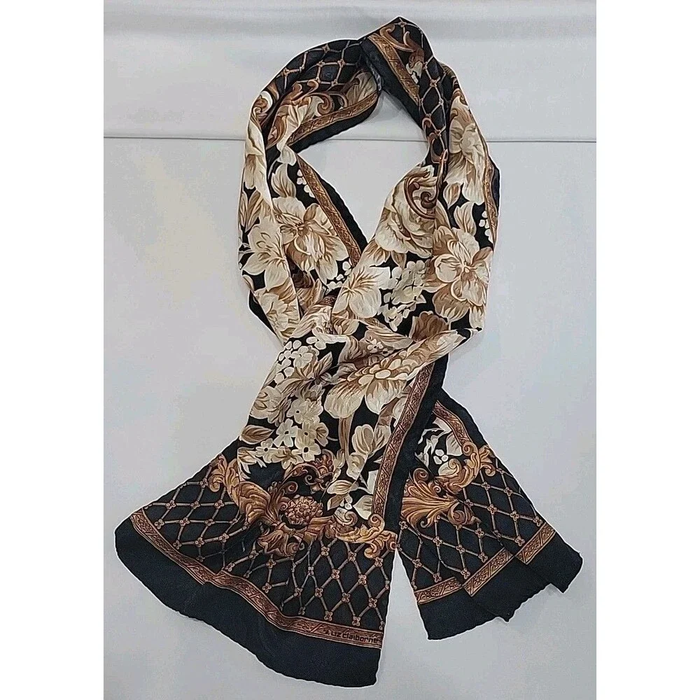 Vintage Liz Claiborne Silk Scarf Oblong Black Gold Baroque Floral Lattice Long